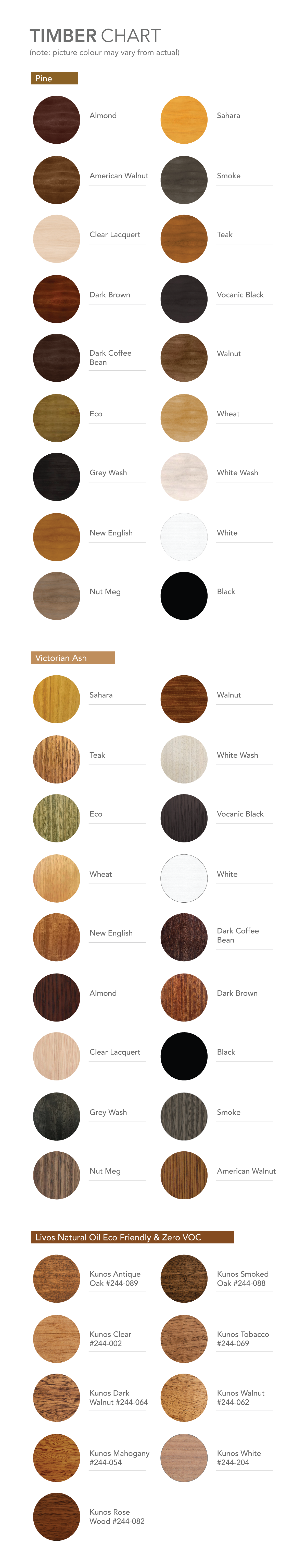 Bedworks Custom Made Timber - Colour Chart